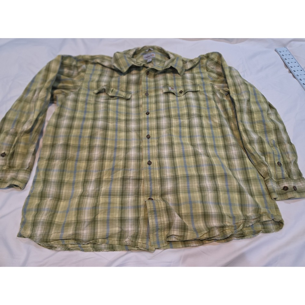 Carhartt Mens 2XL Loose Fit Flannel Shirt Long Sleeve Plaid Sage Green Tan